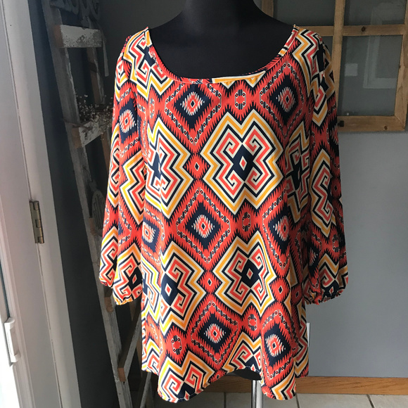 Alya Coral Navy Gold Aztec Tunic Blouse L - Picture 1 of 8